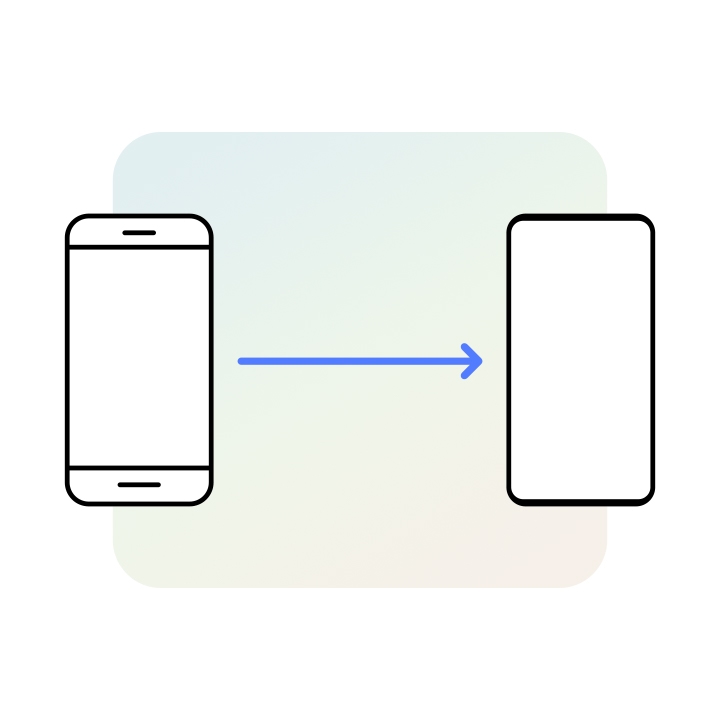 Два значка устройства со стрелкой между ними иллюстрируют передачу данных с левого устройства на правое. Слева Galaxy имитирует старую модель, справа - новую.
