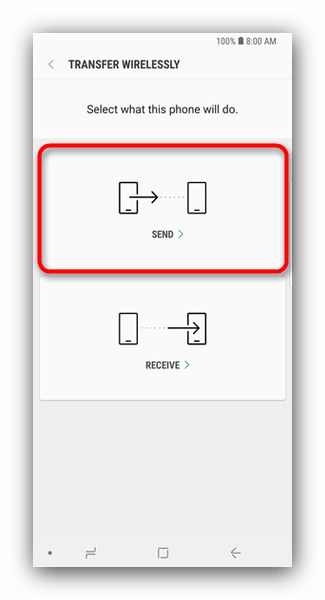 Выберите отправку данных со старого устройства на Smart Switch Mobile