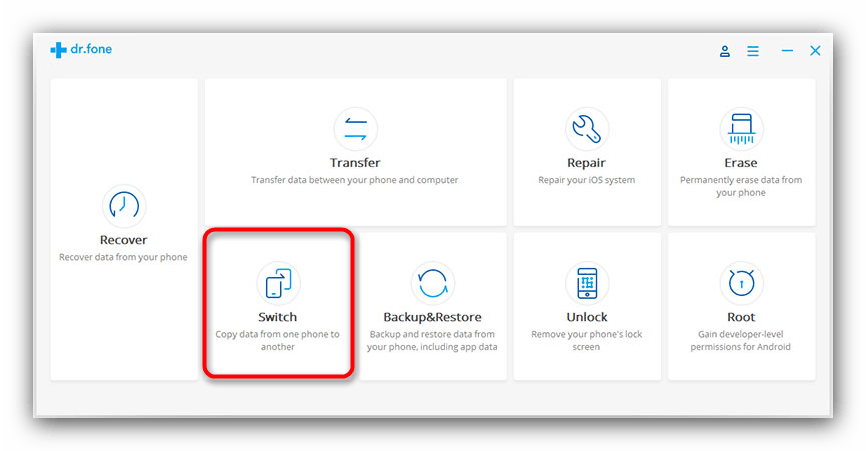 Выберите для передачи данных на dr.fone Switch