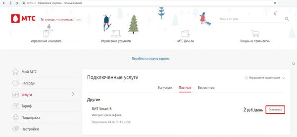 Страница всех подключенных платных услуг МТС