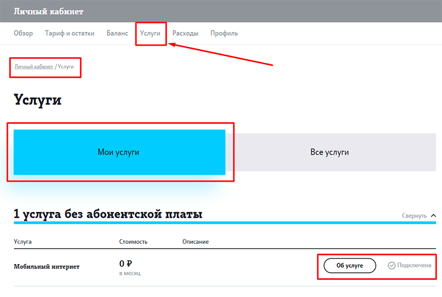 Раздел Услуги в личном кабинете Tele2