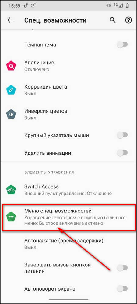 Меню специальных возможностей
