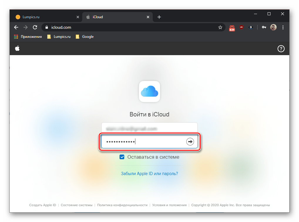 ввод пароля для входа в iCloud в браузере для сброса iPad